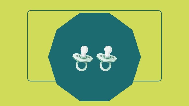 A pair of matching orthodontic pacifiers with round handles and soft nipples, designed to soothe newborns and infants.