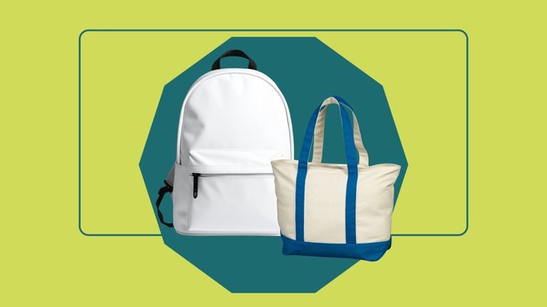 Two stylish carrying options for parents: a sleek white backpack for hands-free utility and a large canvas tote for extra storage.
