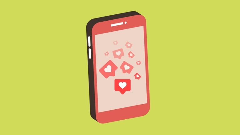 Illustration of a smartphone with heart-shaped notification icons floating up from the screen against a light green background
