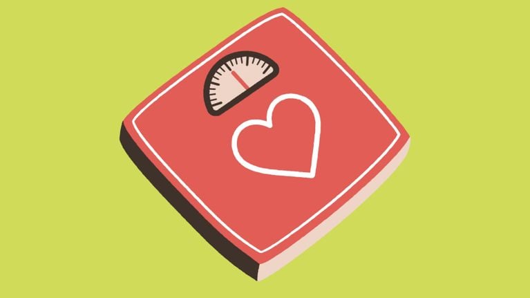 Illustration of a bathroom scale with a heart icon on it, shown against a green background.