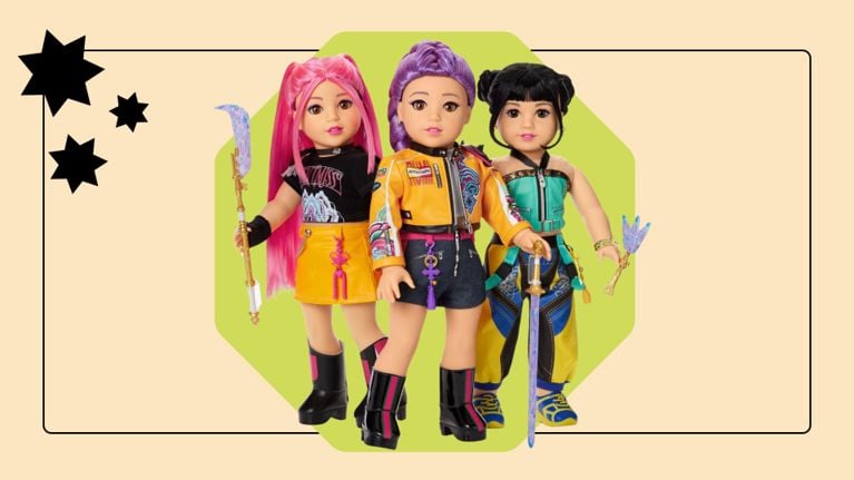 Three American Girl dolls modelled after the 'KPop Demon Hunters' characters, against a beige and chartreuse graphic background