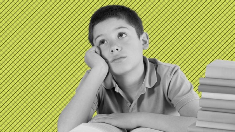 A child with his chin in his hand looking off to the side against a bright green graphic