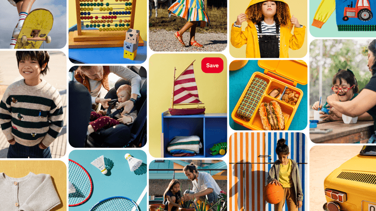A 2026 Pinterest Parenting Trend Report grid featuring a diverse range of lifestyle imagery. Photos include a toddler being buckled into a car seat, a child with Down syndrome painting, healthy school lunches in bento boxes, and various kids' fashion and toys like wooden abacuses and sailboats.