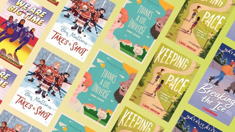 A diagonal grid of diverse middle-grade book covers including "We Are Big Time" and "Thanks a Lot, Universe."