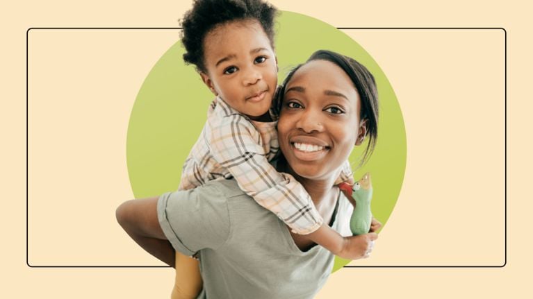 A smiling mother giving her toddler a piggyback ride against a green and cream graphic background.