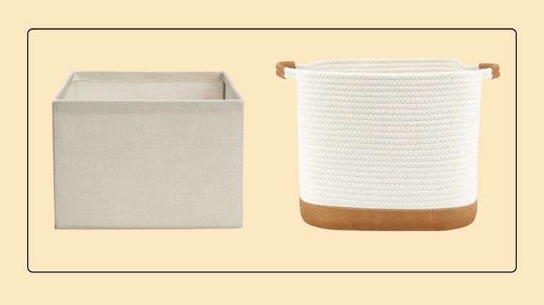 A clean product shot showing a square-edged fabric storage cube next to a flexible, textured white rope basket. Both items are presented in neutral tones, highlighting different textures for nursery or playroom organization.