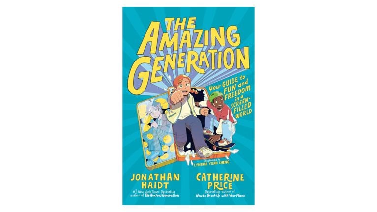 A vibrant, comic-style book cover showing diverse kids breaking out of smartphone screens into a bright blue sky. The subtitle reads, "Your GUIDE to FUN and FREEDOM in a SCREEN-FILLED WORLD."