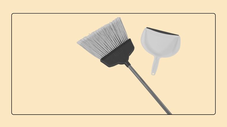 Monochrome cleaning set featuring a broom and dustpan side-by-side against a peach background within a frame.