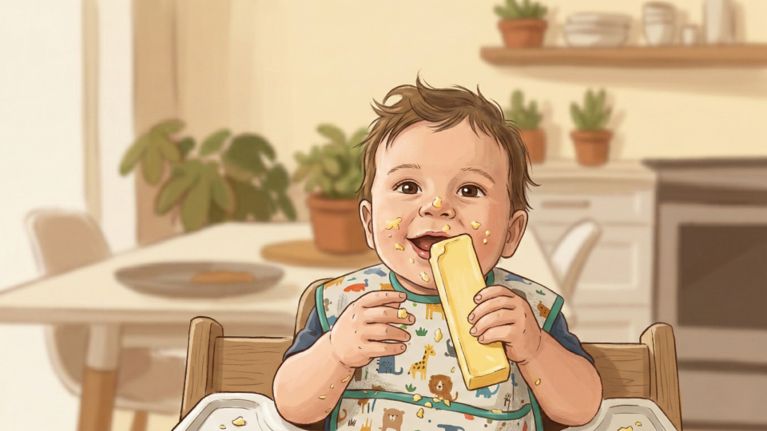 A messy, smiling baby in a high chair wearing an animal-print bib, holding a large stick of butter.