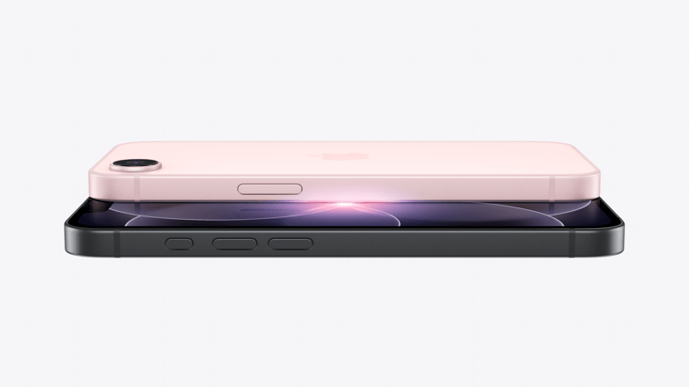 A pink iPhone 17e lies atop a black iPhone 17e.