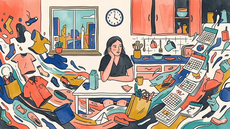 An exhausted mother sits alone at a table, surrounded by a swirling vortex of laundry, dishes, and calendars.