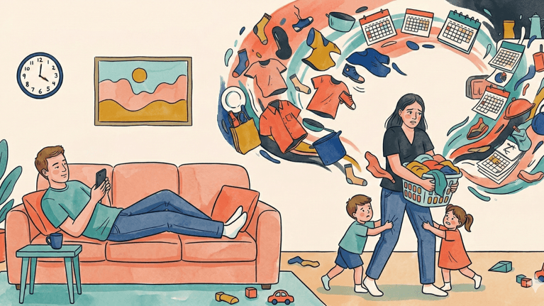A mother carries a heavy laundry basket and clinging toddlers while a father rests on the sofa using a phone.