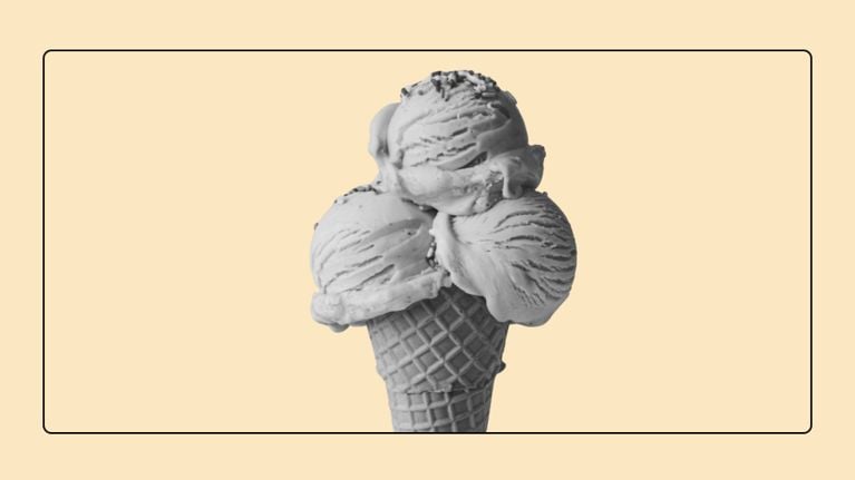 Monochrome triple-scoop ice cream cone with sprinkles on a peach background within a rounded frame.