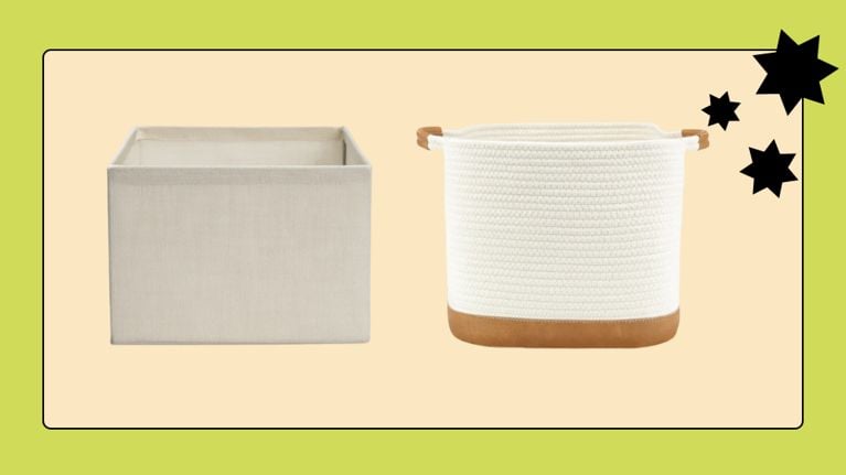 A clean product shot showing a square-edged fabric storage cube next to a flexible, textured white rope basket. Both items are presented in neutral tones, highlighting different textures for nursery or playroom organization.