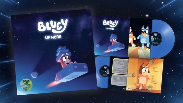 Bluey "Up Here" The Orchestral Album vinyl record set featuring space-themed cover art and blue translucent discs.