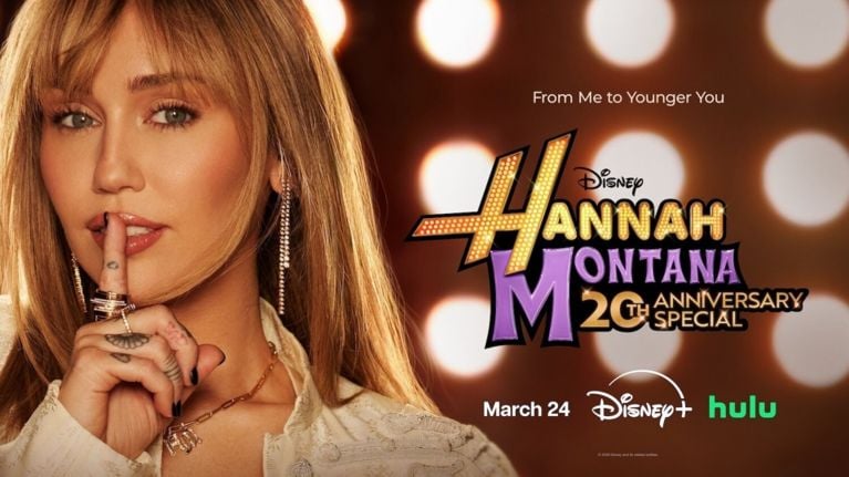 Miley Cyrus on the 20th Anniversary Special poster for Hannah Montana, streaming March 24 on Disney+ and Hulu.
