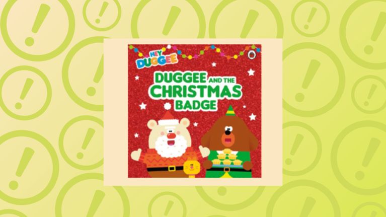 Hey Duggee and the Christmas Badge book cover featuring Duggee in an elf outfit and Santa Claus.