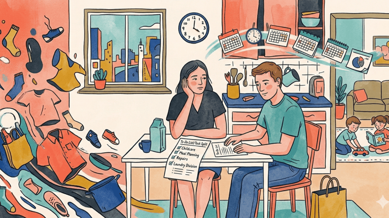 A couple sits at a kitchen table reviewing a "To-Do List/Task Split" while chores swirl around them.