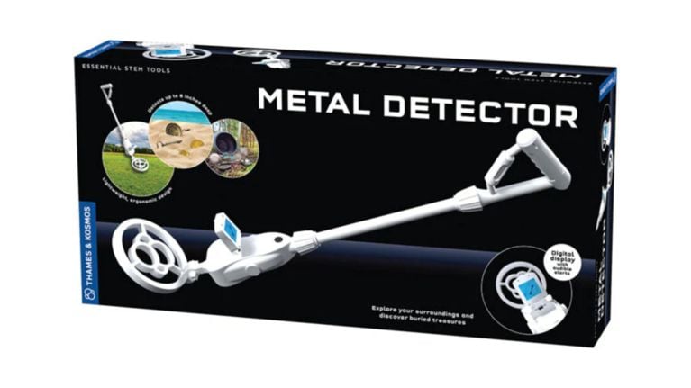Thames & Kosmos Essential STEM Tools Metal Detector box featuring a white handheld device.
