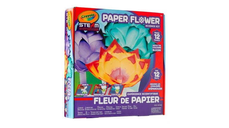 Crayola STEAM Paper Flower Science Kit box showing colorful paper flowers being dyed with ink.