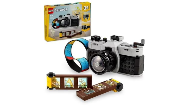 LEGO Creator 3-in-1 Retro Camera building set featuring a brick-built vintage camera and film strips.