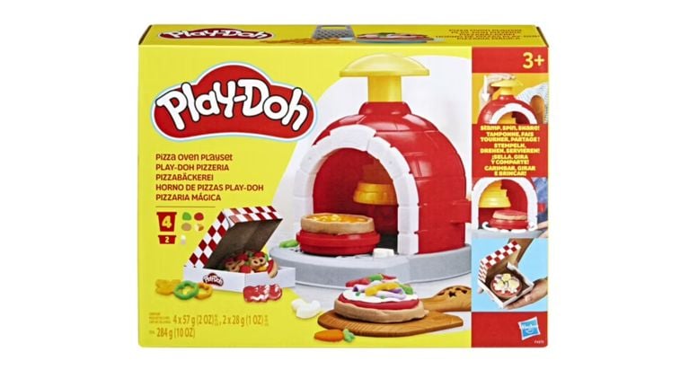 Play-Doh Pizza Oven Playset box showing a red toy oven, a pizza box, and colorful dough creations.
