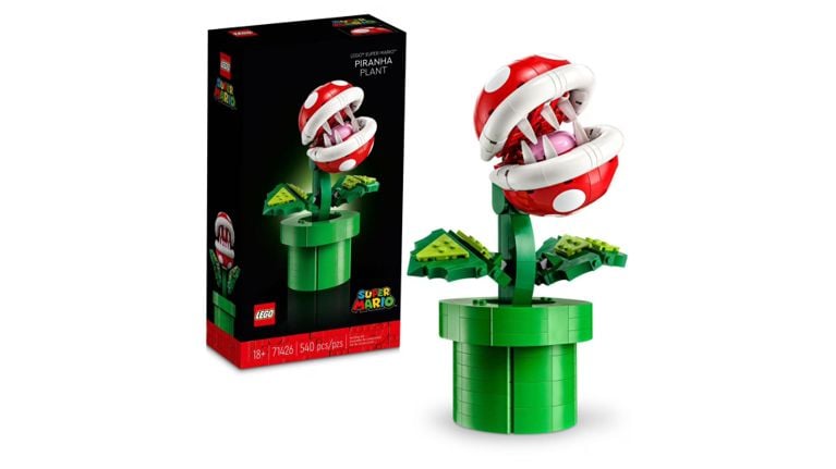 LEGO Super Mario Piranha Plant display set featuring a posable red-and-white head in a green warp pipe.
