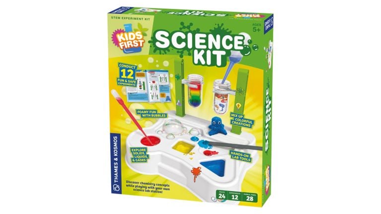 Thames & Kosmos Kids First Science Kit box showing a lab station with colorful test tubes and experiments.