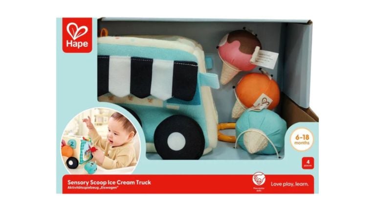 Hape Sensory Scoop Ice Cream Truck plush toy set with three colorful fabric scoops and a baby playing.