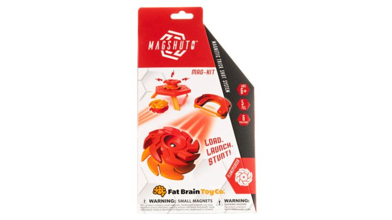 Packaging for Magshuto Mag-Kit by Fat Brain Toy Co., a magnetic trick shot system for ages 6 and up.
