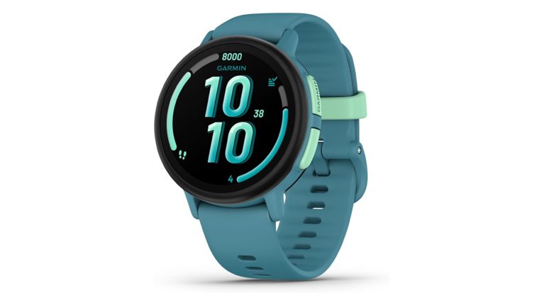 A teal Garmin Bounce 2 fitness tracker for kids with a large digital display and adjustable strap.