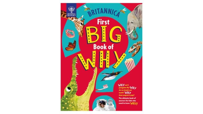 Cover of Britannica First Big Book of Why, featuring a colorful collage of animals, space, and nature.