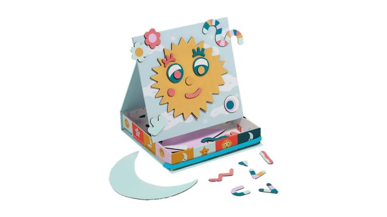 A colorful, modular sun and moon face toy designed to help children express different emotions.