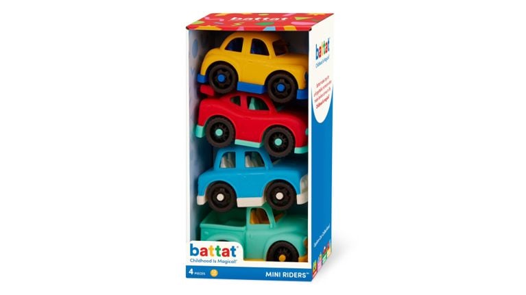 A box of four Battat Mini Riders toy vehicles including a yellow car, red coupe, blue sedan, and teal truck.