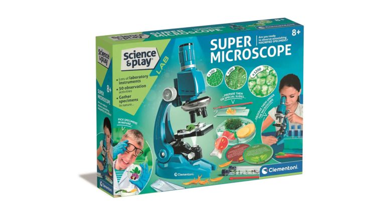Clementoni Super Microscope Lab box featuring a blue toy microscope and magnified plant cell images.