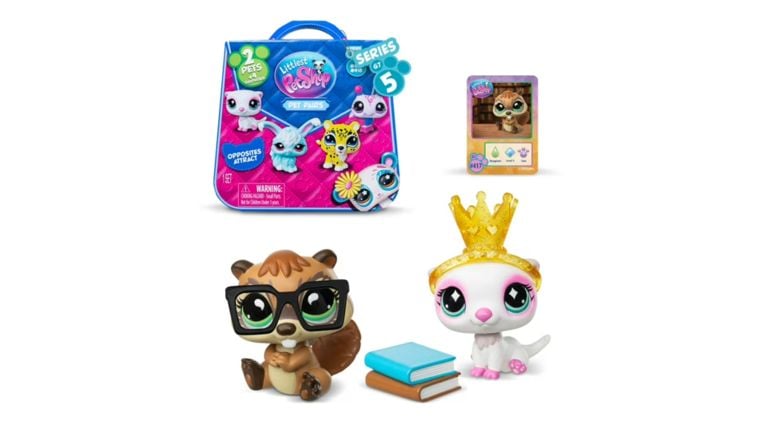 Littlest Pet Shop Series 7 Pet Pairs featuring a brown squirrel with glasses and a white cat with a crown.