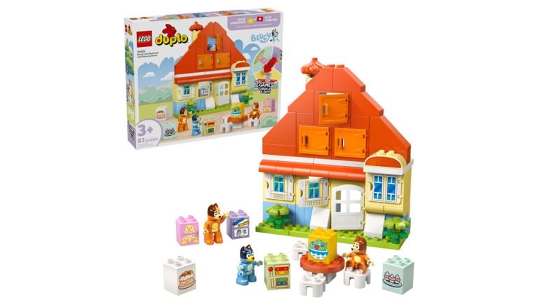LEGO DUPLO Bluey’s Family House set featuring a two-story orange and yellow house with Bluey and Bingo figures.