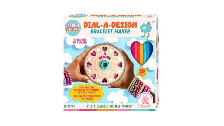 Bright Stripes Dial-A-Design Bracelet Maker kit with a wooden loom and colorful embroidery floss.