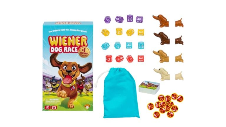 Wiener Dog Race board game components including colorful dachshund figures, multi-colored dice, and a blue storage bag.