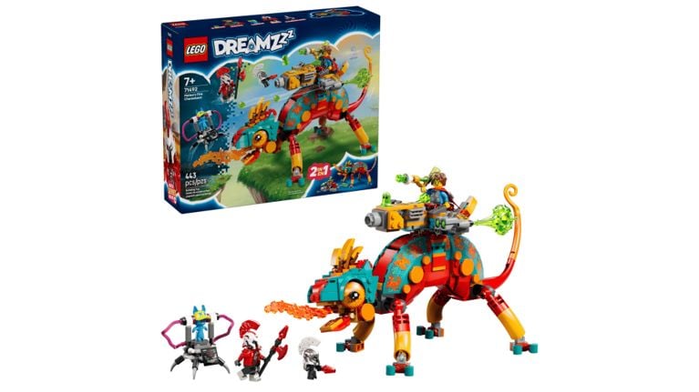 LEGO DREAMZzz Mateo’s Fire Chameleon building set featuring a colorful 2-in-1 chameleon and mini-figures.