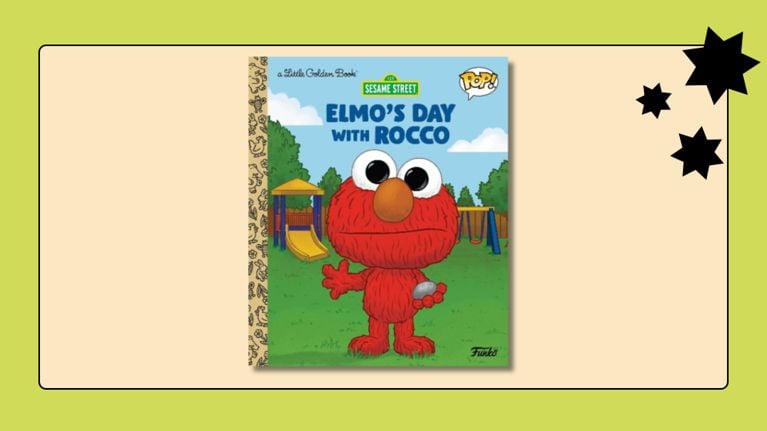 Little Golden Book "Elmo's Day with Rocco" featuring a Funko Pop! style Elmo holding a rock at a playground.