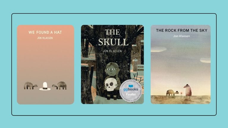 Three book covers by Jon Klassen: "We Found a Hat," "The Skull," and "The Rock from the Sky" on a blue background.