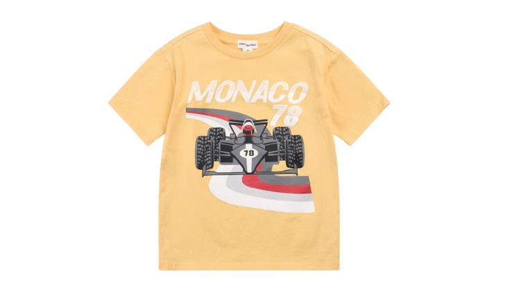 Yellow Miles the Label kids' t-shirt featuring a vintage "Monaco 78" race car graphic.