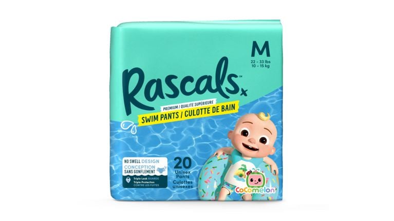 Package of Rascals x Cocomelon unisex swim pants in size medium, featuring JJ in a donut floatie.