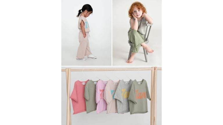 Collage of children wearing neutral 7AM Enfant loungewear and a row of colourful oversized t-shirts on a wooden rack.