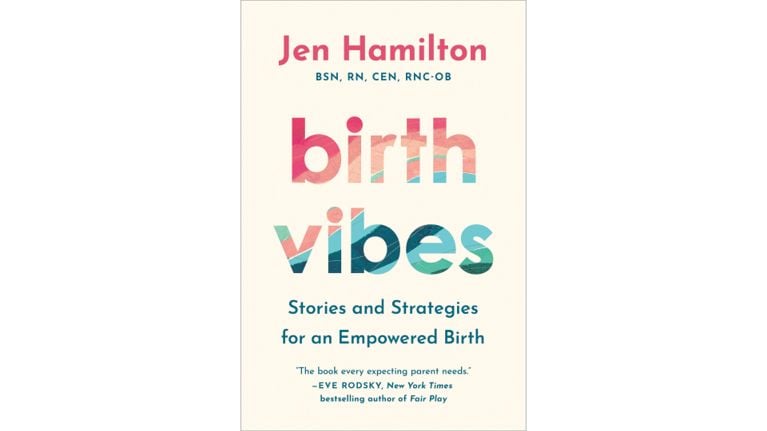 Book cover for "Birth Vibes" by Jen Hamilton, featuring colorful textured typography on a cream background.