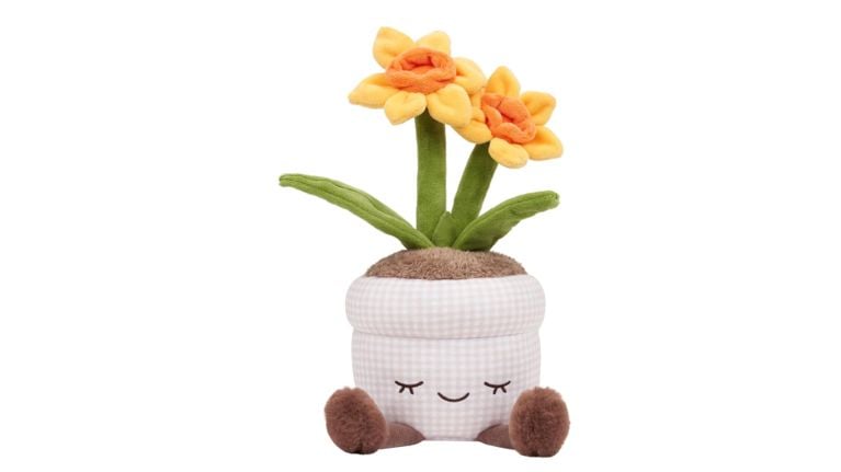 Greenhouse by Russ Daffodil plush toy featuring two yellow flowers in a smiling cream checkered pot.