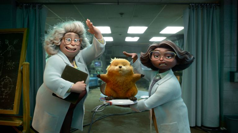 Two animated scientists in white lab coats smile and pose playfully with a fluffy, robotic beaver in a laboratory.