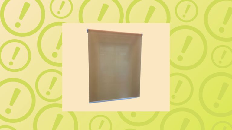 A slightly translucent, beige or light brown window roller shade is centered inside a pale cream square box. This central square is overlaid on a vibrant lime green background filled with a repeating pattern of large, faded exclamation marks inside circles, resembling warning symbols.