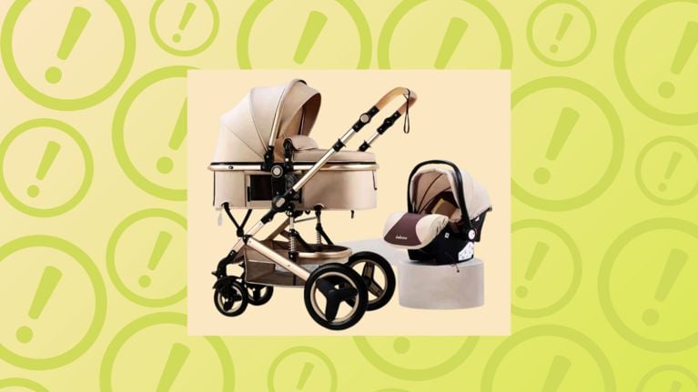 A Belecoo 3-in-1 baby stroller and infant car seat set positioned against a yellow background with warning symbols.